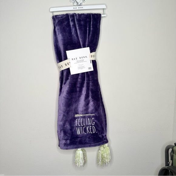 NWT Rae Dunn Feeling Wicked throw / blanket Purple with broom detail and tassels - Picture 2 of 6
